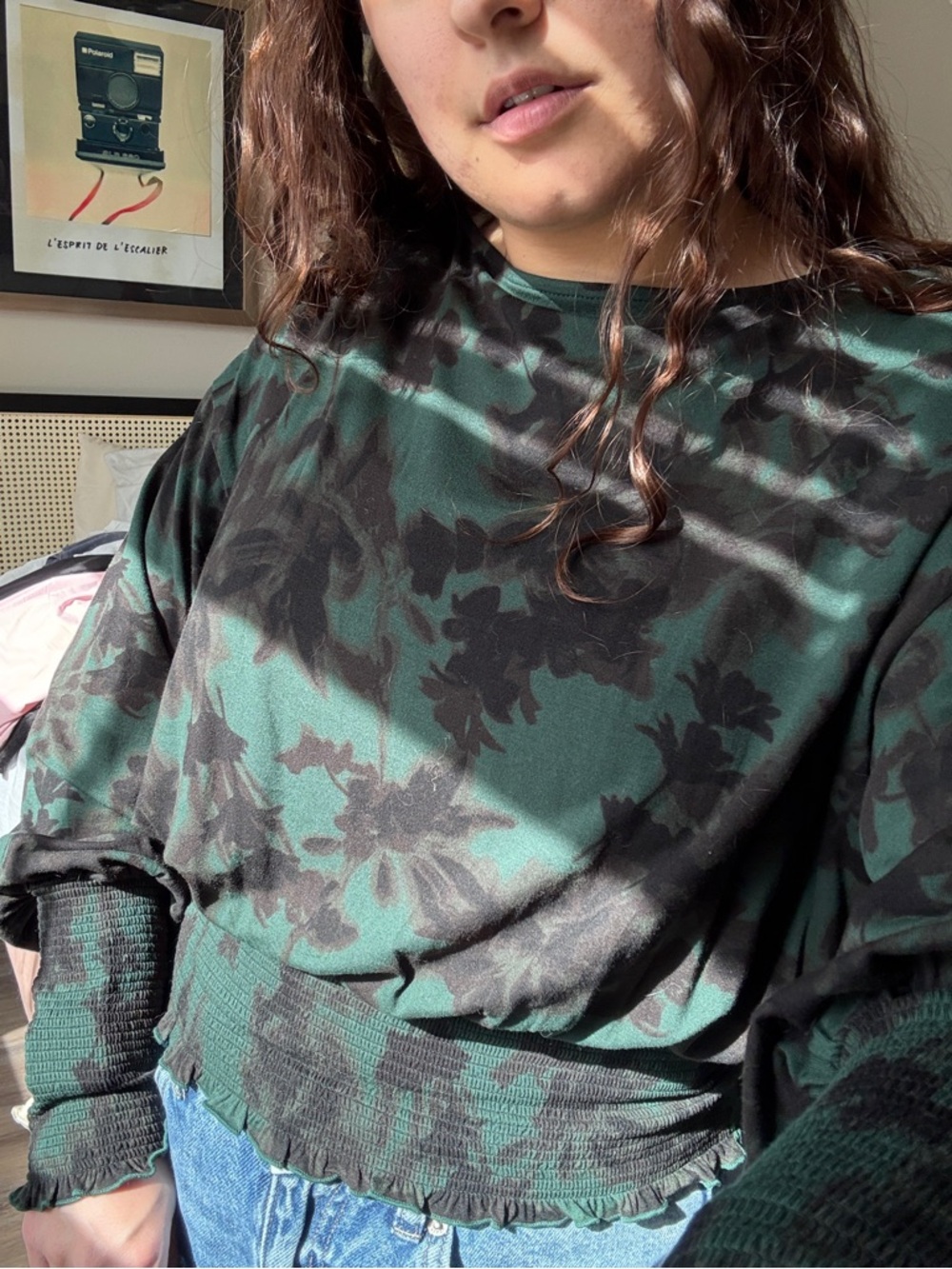 Madewell Floral Print Smocked Waist Long Sleeve Top | Green | Size L